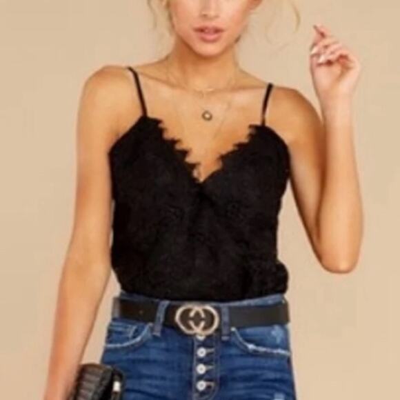WAYF Black Lizzie Crossover Lace V-Neck Spaghetti Strap Bodysuit Womens - Picture 1 of 11